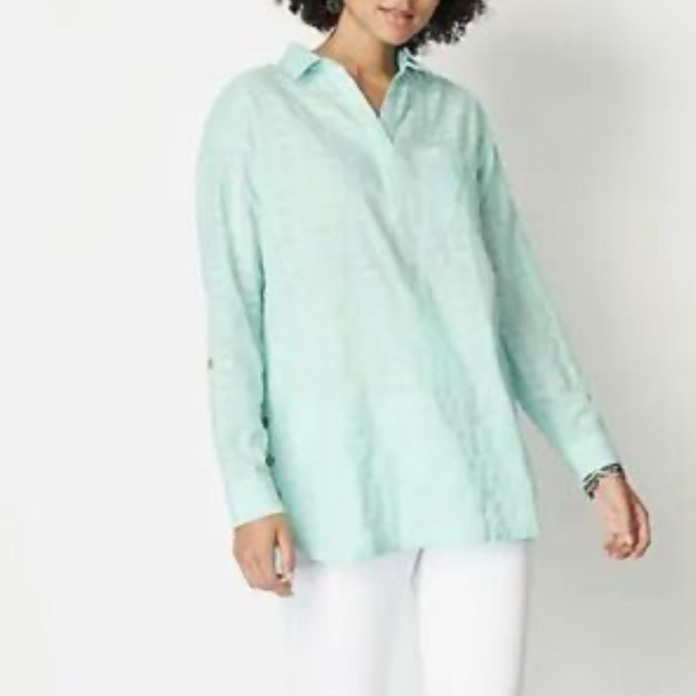 J. Jill Large Aqua Blue Textured Cotton Tunic Blouse Pullover Top Relaxed Fit